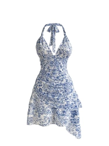 SweatyRocks Damen Kleid Boho Neckholder Kleider Blümchenmuster Asymmetrisch Sommerkleider V Ausschnitt Blumenkleider Rückenfreies Trägerkleid Ärmelloses Minikleid Blau XS von SweatyRocks