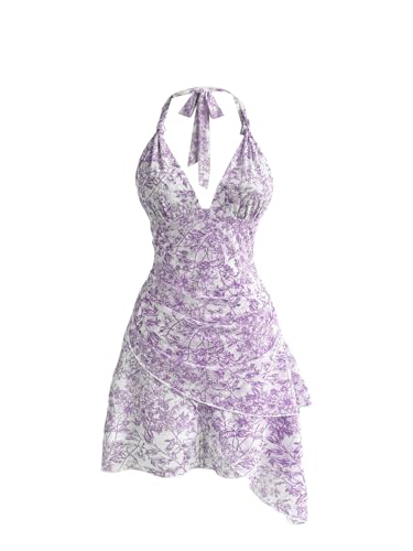SweatyRocks Damen Kleid Boho Neckholder Kleider Blümchenmuster Asymmetrisch Sommerkleider V Ausschnitt Blumenkleider Rückenfreies Trägerkleid Ärmelloses Minikleid Mauve Lila S von SweatyRocks