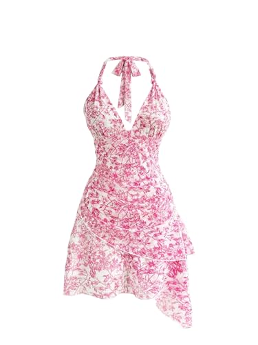 SweatyRocks Damen Kleid Boho Neckholder Kleider Blümchenmuster Asymmetrisch Sommerkleider V Ausschnitt Blumenkleider Rückenfreies Trägerkleid Ärmelloses Minikleid Rosa XS von SweatyRocks