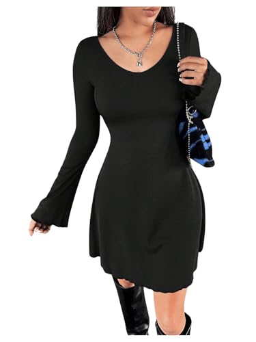 SweatyRocks Damen Kleid Elegant A Linien Kleid U Ausschnitt Freizeitkleider Kurz Herbstkleid mit Ausgestellten Ärmeln Schwarz M von SweatyRocks