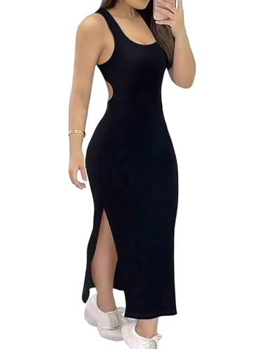 SweatyRocks Damen Kleid Elegant Ärmelloses Sommerkleid mit U Ausschnitt Lange Kleider mit Schlitz Bodycon Maxikleid mit Rückenfrei Partykleid Schwarz M von SweatyRocks