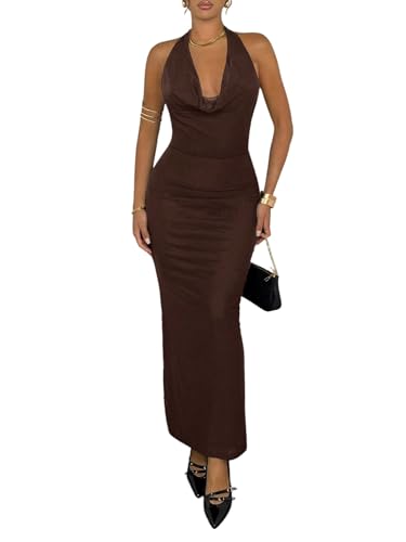 SweatyRocks Damen Kleid Elegant Ärmelloses Trägerkleid Neckholder Damenkleid mit Tiefem Ausschnitt Langes Sommerkleid Bodycon Rückenfrei Partykleid Kaffeebraun S von SweatyRocks
