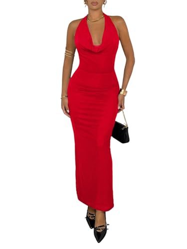 SweatyRocks Damen Kleid Elegant Ärmelloses Trägerkleid Neckholder Damenkleid mit Tiefem Ausschnitt Langes Sommerkleid Bodycon Rückenfrei Partykleid Rot L von SweatyRocks