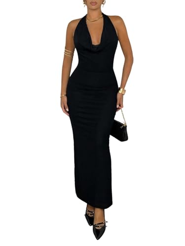 SweatyRocks Damen Kleid Elegant Ärmelloses Trägerkleid Neckholder Damenkleid mit Tiefem Ausschnitt Langes Sommerkleid Bodycon Rückenfrei Partykleid Schwarz XS von SweatyRocks