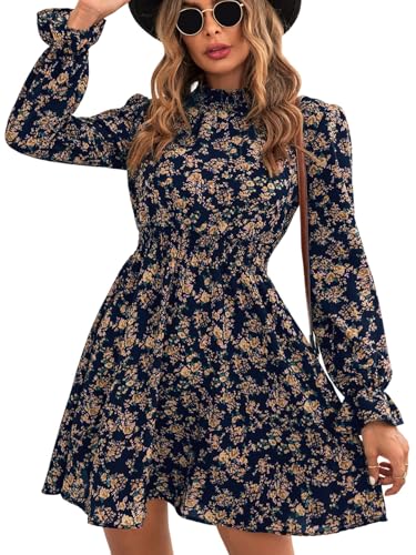 SweatyRocks Damen Kleid Elegant Herbstkleid Blumenmuster Damenkleider A Linie Minikleid Langarm Kleider Kurzes Langarmkleid mit Rüschen Dunkelblau XL von SweatyRocks
