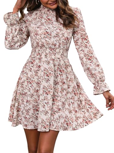 SweatyRocks Damen Kleid Elegant Herbstkleid Blumenmuster Damenkleider A Linie Minikleid Langarm Kleider Kurzes Langarmkleid mit Rüschen Rosa XL von SweatyRocks
