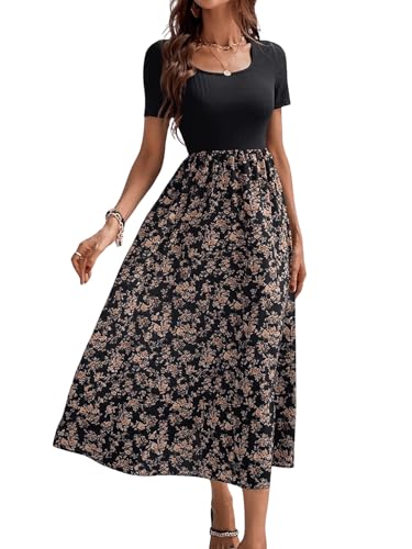 SweatyRocks Blumenkleid Damen Lang Boho Kleider Maxikleid Hochzeitsgast Langer Blusenkleid Mit Blumen Sommerkleider Schwarz L von SweatyRocks