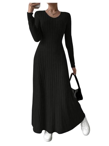 SweatyRocks Damen Kleid Elegant Langarm Strickkleid Lang A Linien Kleid mit V Ausschnitt Freizeitkleid Casual Outfit Schwarz L von SweatyRocks