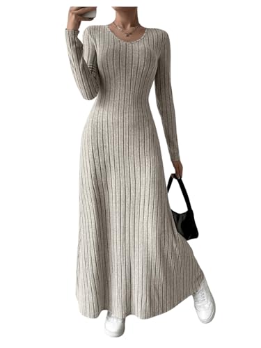 SweatyRocks Damen Kleid Elegant Langarm Strickkleid Langes A Linien Kleid mit V Ausschnitt Freizeitkleid Casual Outfit Aprikosenfarben L von SweatyRocks