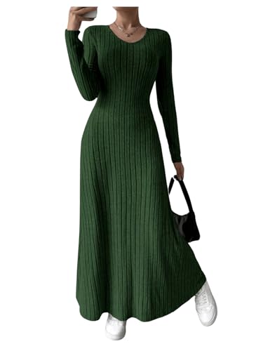 SweatyRocks Damen Kleid Elegant Langarm Strickkleid Langes A Linien Kleid mit V Ausschnitt Freizeitkleid Casual Outfit Grün M von SweatyRocks