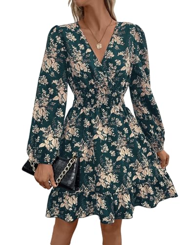SweatyRocks Damen Kleid Elegant Langarm Wickeln Kleider mit V-Ausschnitt Blumenmuster Freizeitkleid A-Linie Causalkleid Blusenkelid Grün S von SweatyRocks