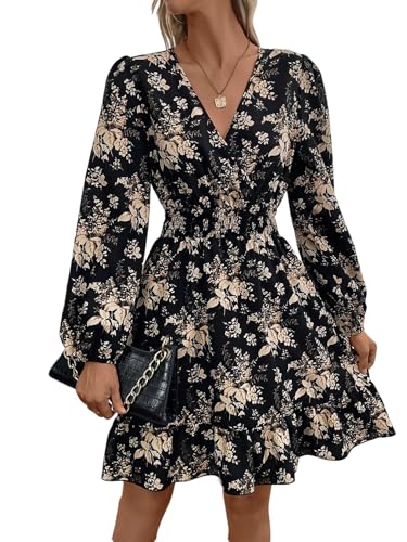 SweatyRocks Damen Kleid Elegant Langarm Wickeln Kleider mit V-Ausschnitt Blumenmuster Freizeitkleid A-Linie Causalkleid Blusenkelid Schwarz XL von SweatyRocks