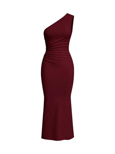 SweatyRocks Damen Kleid Elegant Maxikleid Lang Bleistiftkleider Bodycon Fishtail-Kleid Gerafftes Freizeitkleid mit Asymmetrischem Ausschnitt Bordeaux L von SweatyRocks