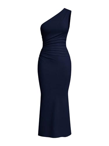 SweatyRocks Damen Kleid Elegant Maxikleid Lang Bleistiftkleider Bodycon Fishtail Kleid Gerafftes Freizeitkleid mit Asymmetrischem Ausschnitt Dunkelblau M von SweatyRocks
