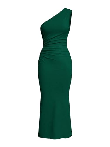 SweatyRocks Damen Kleid Elegant Maxikleid Lang Bleistiftkleider Bodycon Fishtail Kleid Gerafftes Freizeitkleid mit Asymmetrischem Ausschnitt Dunkelgrün S von SweatyRocks