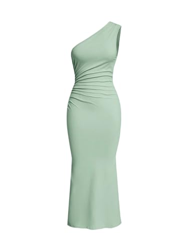 SweatyRocks Damen Kleid Elegant Maxikleid Lang Bleistiftkleider Bodycon Fishtail-Kleid Gerafftes Freizeitkleid mit Asymmetrischem Ausschnitt Minzgrün XS von SweatyRocks
