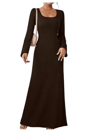 SweatyRocks Maxikleid Damen Langarm Elegante Kleider Maxi Kleid Mit Schnürung Abendkleid Hochzeitsgast Winterkleid Herbst Kleider Mokka Braun L von SweatyRocks