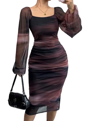 SweatyRocks Damen Kleid Elegant Midi Kleider U-Ausschnitt Freizeitkleid Langarm Kleid mit Mesh Bodycon Midikleid Party Outfit Dunkelviolett L von SweatyRocks
