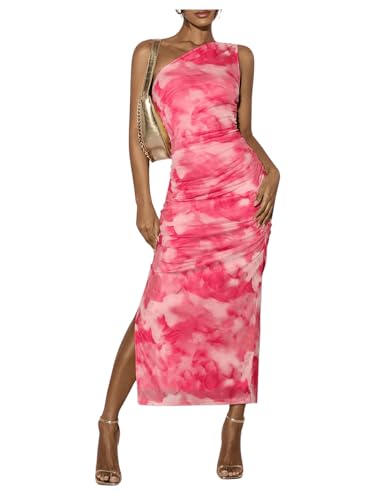 SweatyRocks Damen Kleid Elegant Rüschen Kleid mit Schlitz One Shoulder Kleider Urlaubskleid Ärmellos Freizeitkleid Heißes Pink S von SweatyRocks