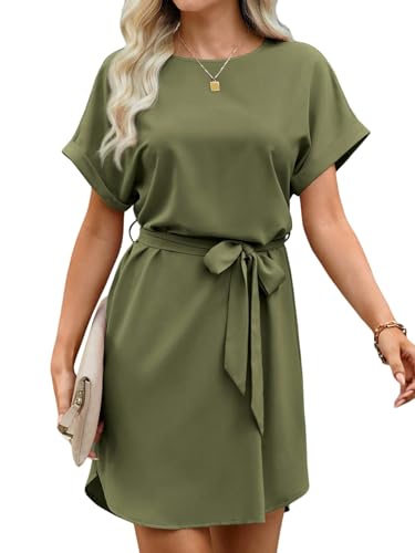 SweatyRocks Damen Kleid Elegant Sommerkleid Kurzarm Tunika Kleider mit Gürtel Sommer Kurzer Blusenkleid Boho Fledermausärmel Freizeitkleid Armeegrün M von SweatyRocks
