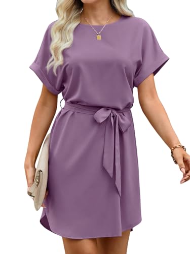 SweatyRocks Damen Kleid Elegant Sommerkleid Kurzarm Tunika Kleider mit Gürtel Sommer Kurzer Blusenkleid Boho Fledermausärmel Freizeitkleid Violett M von SweatyRocks