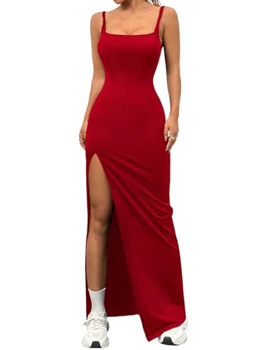 SweatyRocks Damen Kleid Elegant Spaghettiträger Kleider mit Schlitz Enge Ärmellose Maxikleid Bodycon Sommerkleider Rückenfreies Trägerkleid Sommer Lange Freizeitkleider Rot XS von SweatyRocks
