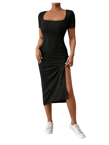 SweatyRocks Damen Kleid Elegant Strickkleid mit Schlitz Bodycon Midikleid Eckiger Ausschnitt Figurbetontes Kleid Schwarz XS SweatyRocks Damen Kleid Elegant Strickkleid mit Schlitz Bodycon Midikleid Eckiger Ausschnitt Figurbetontes Kleid Schwarz XS von SweatyRocks