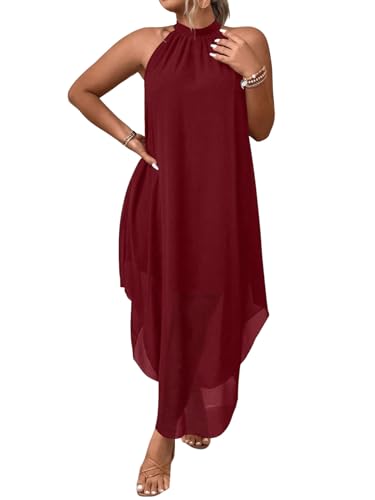 SweatyRocks Damen Kleid Große Größen Ärmellose Sommerkleider Neckholder Kleider Asymmetrischer Saum Blusenkleid Curvy Lang Tunika Freizeitkleid Bordeaux 0XL von SweatyRocks