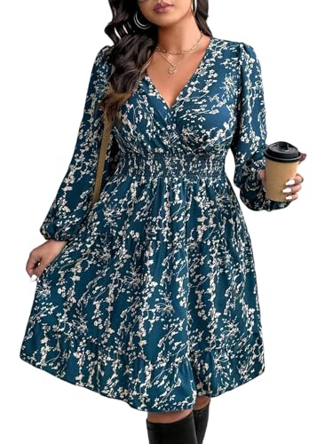 SweatyRocks Damen Kleid Große Größen Boho A Linie Kleider Knielang Blümchen Damenkleider mit Rüschensaum Blumenkleid Langarm Wickelkleid Herbstkleid Taubenblau 1XL von SweatyRocks
