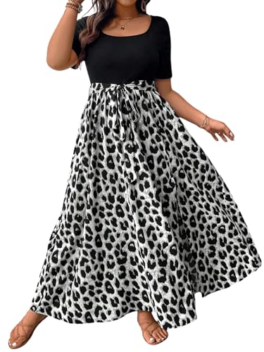 SweatyRocks Damen Kleid Große Größen Leopardenmuster Kleider Langes Sommerkleid Kurzarm Maxikleid Curvy A Linie Damenkleider Boho Casualkleid Grau 2XL von SweatyRocks