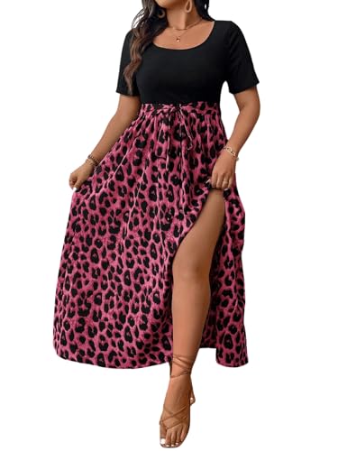 SweatyRocks Damen Kleid Große Größen Leopardenmuster Kleider Langes Sommerkleid Kurzarm Maxikleid Curvy A Linie Damenkleider Boho Casualkleid Heißes Pink 0XL von SweatyRocks