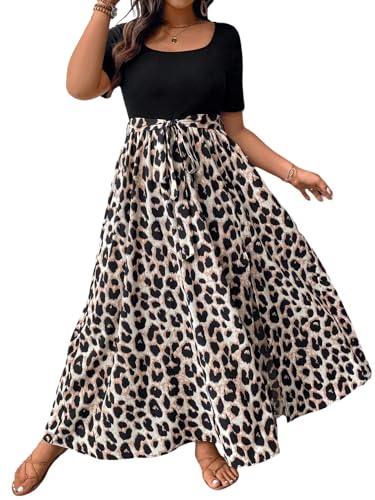 SweatyRocks Damen Kleid Große Größen Leopardenmuster Kleider Langes Sommerkleid Kurzarm Maxikleid Curvy A Linie Damenkleider Boho Casualkleid Leo 2XL von SweatyRocks