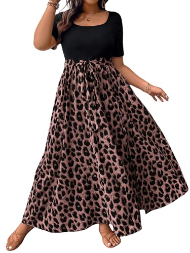 SweatyRocks Damen Kleid Große Größen Leopardenmuster Kleider Langes Sommerkleid Kurzarm Maxikleid Curvy A Linie Damenkleider Boho Casualkleid Rosa 3XL von SweatyRocks