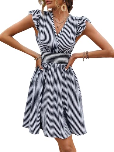 SweatyRocks Damen Kleid Kurz Sommerkleid V Ausschnitt Streifen Muster Shortskleid A Linie Freizeitkleid Casual Damenkleider mit Volant Ärmel Dunkelblau S von SweatyRocks