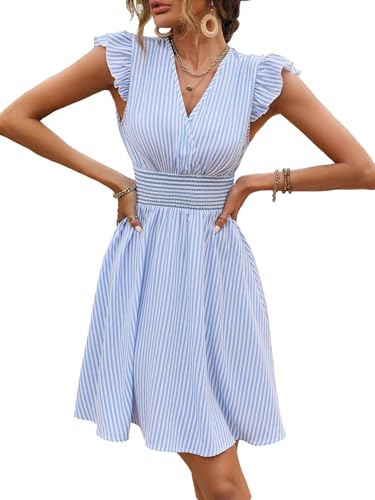 SweatyRocks Damen Kleid Kurz Sommerkleid V Ausschnitt Streifen Muster Shortskleid A Linie Freizeitkleid Casual Damenkleider mit Volant Ärmel Hellblau L von SweatyRocks