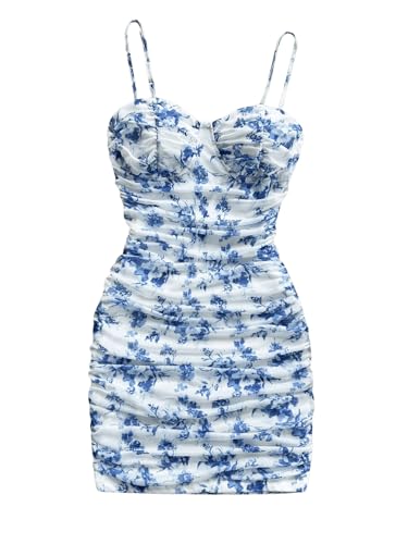 SweatyRocks Damen Kleid Kurz Urlaubskleider Spaghettiträger Minikleid Böhmisch Sommerkleid Bodycon Minikleid Ärmellos Partykleid Blau und Weiß S von SweatyRocks