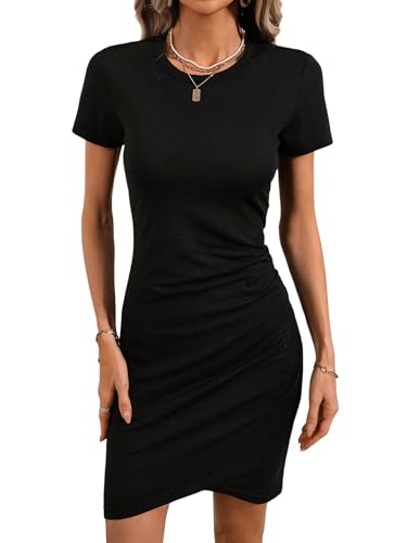 SweatyRocks Damen Kleid Kurzarm Sommerkleider Rundkragen Wickelkleid Gerafftes Minikleid Bodycon Kurze Kleider Elegante Strickkleid Freizeitkleid Schwarz XL von SweatyRocks