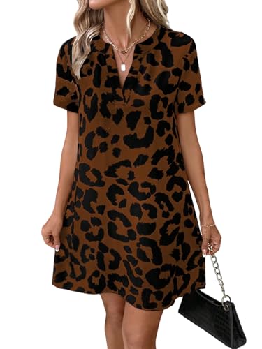 SweatyRocks Damen Kleid Kurzarm T-Shirtkleid Kurzes Sommerkleid Leopardenmuster Tunika Gerade Freizeitkleid Sommer Casual Strandkleid Kurze Kleider Braun XL von SweatyRocks