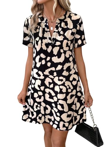 SweatyRocks Damen Kleid Kurzarm T-Shirtkleid Kurzes Sommerkleid Leopardenmuster Tunika Gerade Freizeitkleid Sommer Casual Strandkleid Kurze Kleider Leo XL von SweatyRocks