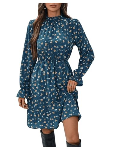 SweatyRocks Damen Kleid Langarm Blusenkleid A-Linie Shortkleid Elegant Freizeitkleid Ausgestelltes Blumenkleid mit Rüschen Saum Blau S von SweatyRocks