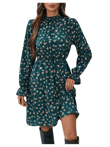 SweatyRocks Damen Kleid Langarm Blusenkleid A-Linie Shortkleid Elegant Freizeitkleid Ausgestelltes Blumenkleid mit Rüschen Saum Dunkelgrün L von SweatyRocks