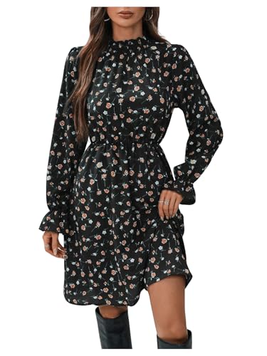 SweatyRocks Damen Kleid Langarm Blusenkleid A-Linie Shortkleid Elegant Freizeitkleid Ausgestelltes Blumenkleid mit Rüschen Saum Schwarz S von SweatyRocks