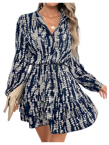 SweatyRocks Damen Kleid Langarm Blusenkleid A-Linie Shortkleid Elegant Freizeitkleid Ausgestelltes Kleid mit Knöpfen vorn Dunkelblau L von SweatyRocks