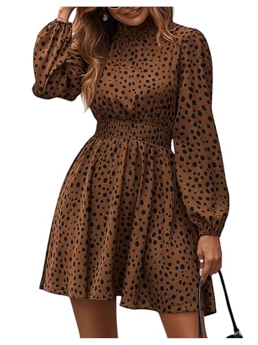 SweatyRocks Damen Kleid Langarm Blusenkleid A-Linie Shortkleid Elegant Freizeitkleid Ausgestelltes Kleid mit Laternenärmeln Braun M von SweatyRocks
