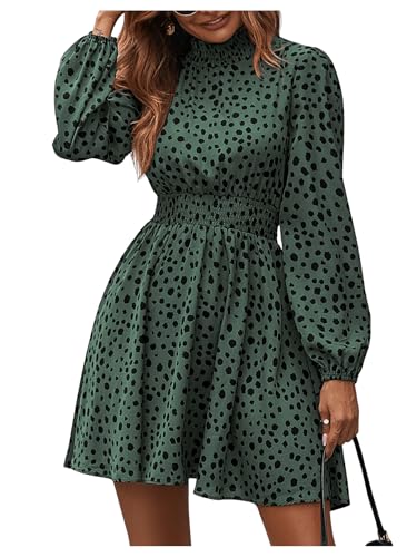 SweatyRocks Damen Kleid Langarm Blusenkleid A-Linie Shortkleid Elegant Freizeitkleid Ausgestelltes Kleid mit Laternenärmeln Dunkelgrün M von SweatyRocks