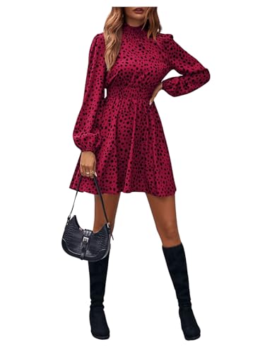 SweatyRocks Damen Kleid Langarm Blusenkleid A-Linie Shortkleid Elegant Freizeitkleid Ausgestelltes Kleid mit Laternenärmeln Rot L von SweatyRocks