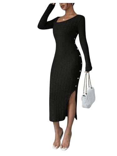 SweatyRocks Damen Kleid Langarm Freizeitkleid Casual Kleid Herbst Bodycon Midikelid Strickkleid mit Schlitz Schwarz L von SweatyRocks