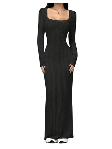 SweatyRocks Damen Kleid Langarm Langes Strickkleid U-Ausschnitt Freizeitkleid Festliches Kleid Bodycon Maxikleid Figurbetontes Kleid Schwarz XS von SweatyRocks