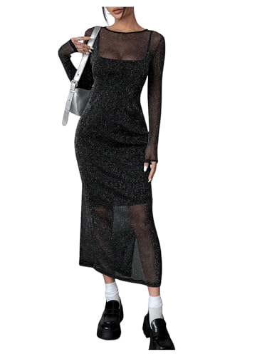 SweatyRocks Damen Kleid Langarm Midikleid Durchsichtig Netzkleid mit Schlitz Lange Sommerkleider Lange Kleider Sommer Casual Cami-Kleid Partykleid Schwarz M von SweatyRocks