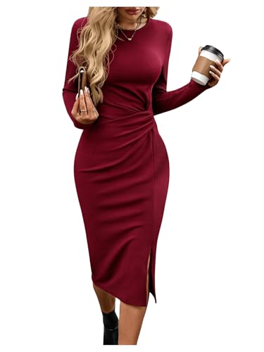 SweatyRocks Damen Kleid Langarm Midikleid Elegant Strick Kleid mit Schlitz Enges Freizeitkleid Casual Kleid mit Twist Bordeaux XL von SweatyRocks